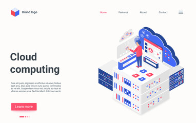 Aufkleber - Cloud computing service isometric vector illustration. Cartoon 3d tiny character using cloud server infrastructure, working online with data on digital dashboard, modern technology landing page