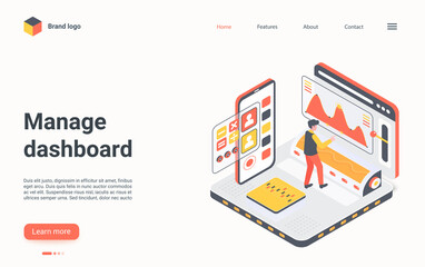 Aufkleber - People manage dashboard isometric vector illustration. Cartoon 3d manager designer character working on data analysis, digital creative process of managing statistical graphs and charts landing page