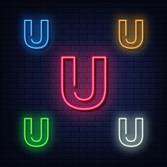 Neon letters, five colors red, blue, green, yellow, white. Isolated font on dark blue brick wall background. Vector illustration eps 10.