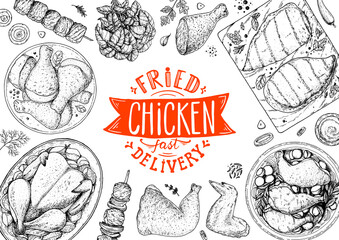 Chicken meat. Fried chicken. Hand drawn sketch illustration. Grilled chicken meat top view frame. Vector illustration. Engraved design. Restaurant menu design template.