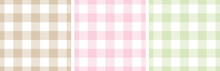 Gingham Patterns In Pink, Green, Beige, White. Spring Summer Light Pastel Seamless Scottish Tartan Vichy Textured Check Plaids For Dress, Shirt, Tablecloth, Or Other Modern Easter Holiday Print.