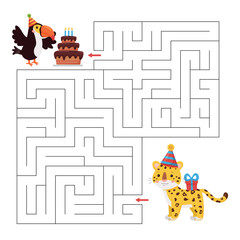 Wall Mural - Maze game for birthday party. Cute cartoon jungle animals characters. Toucan bird with cake and leopard with gift. Educational printable worksheet.