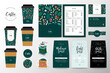 Coffee branding identity set for coffee shop or cafe. Collection of lettering logo, menu template, paper cup design and loyalty card. Pouch bag packaging design, coasters