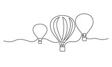 Hot Air Balloons Flying In Sky Sign. Continuous One Line Drawing