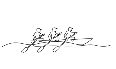 Team member rowing boat Teamwork concept. Continuous one line drawing