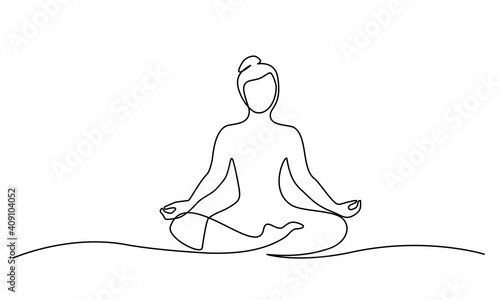 Woman sitting in lotus pose yoga. Continuous one line drawing. © Valenty