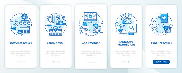 Collaborative design fields onboarding mobile app page screen with concepts. Program, urban design walkthrough 5 steps graphic instructions. UI vector template with RGB color illustrations