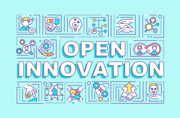Wall Mural - open innovation word concepts banner. infographics with linear icons on blue background. use of inte