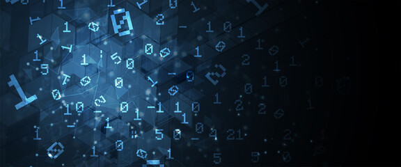 Bytes of binary code run through network. Abstract futuristic technology syberspace