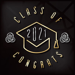 Wall Mural - Class of 2021 Glossy Gold Style Square Academic Graduation Cap Combined with Single Line Numerals Logo Lettering - Turquoise on Dark Background - Gradient Graphic Design