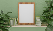 Mockup With Wooden Frame On White Shelf With Books On The Sides And Vegetation With Green Colored Wall. 3d Render