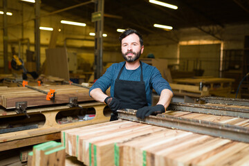 Wall Mural - Portrait of a latin man working on the assembly of wood bars