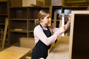 Wall Mural - Female carpenter hammering a screw into a bookcase