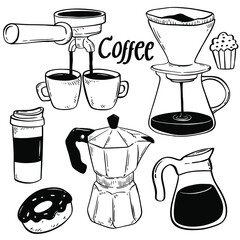 Doodle set of hand drawn coffee elements.