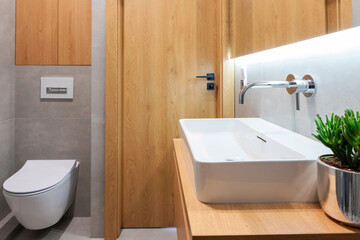 Wall Mural - Interior of bathroom with ceramic  sink, stylish faucet and wooden countertop. Toilet and bath in clean modern spa. 