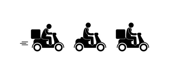 Wall Mural - motorcyclist icons set, courier delivers parcel, isolated pictograms stick figure man rides