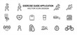 © great19 - Simple Set of exercise sport tracker trainer Vector icon user interface graphic design. Contains such Icons as blood pressure monitor, heart beat, running, walking, scheduling, swimming, bicycling