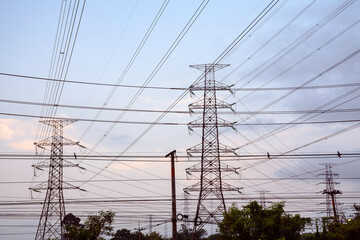 Wall Mural - Electricity pole with dark sky before sunrise, Transmission line of electricity to rural, electricity transmission pylon