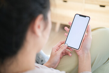 Wall Mural - close up view of business holding mobile phone with blank screen.
