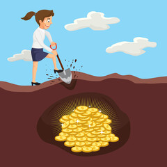 Businesswoman digging a ground to money, illustration vector cartoon