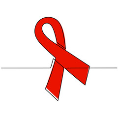 Wall Mural - Continuous one line of red ribbon for badge. World HIV Aids day 1 December. Cancer ribbon symbol on white background. Awareness red bow concept hand drawn minimalist design vector illustration