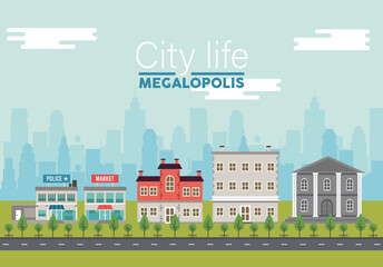 Sticker - city life megalopolis lettering in cityscape scene with police station and market