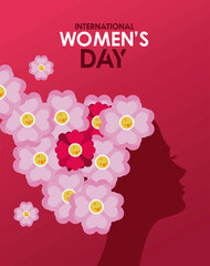 Poster - international womens day celebration poster with girl profile and flowers hair