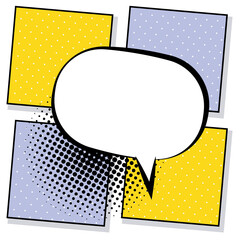 Poster - retro speech bubble drawn pop art style in yellow and purple backgrounds