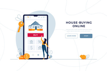 House-buying online landing page template. Woman buys new home, touches the button on phone. mortgage, loan, property purchase concept for web design. People in flat cartoon style, vector illustration