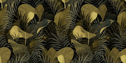  Seamless pattern with tropical leaves palm, colocasia, banana. Hand drawing botanical vintage background. Suitable for making wallpaper, printing on fabric, wrapping paper, fabric, notebook cove