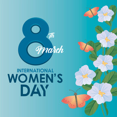 Sticker - international womens day celebration poster with lettering and butterflies in garden