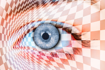 Wall Mural - Surreal eye of a young girl covering geometric background with checkered texture - Abstract illusion