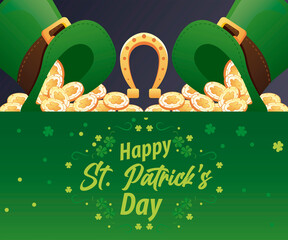 Canvas Print - happy saint patricks day lettering with coins in elf tophats and horseshoe