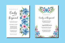 Wedding Invitation Frame Set, Blue Floral Watercolor Hand Drawn Dahlia Flower Design Invitation Card Template
