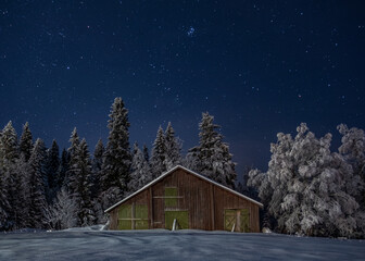 Sticker - Beautiful shot of the house in a snow-covered forest under the starry sky