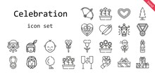 Celebration Icon Set. Line Icon Style. Celebration Related Icons Such As Gift, Native American, Flowers, Tree, Lollipop, Pilgrim, Bow, Heart, Flower, Wedding Car, Tulips, Oil Lamp, Medal