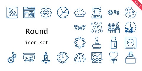 Wall Mural - round icon set. line icon style. round related icons such as settings, moon phases, cookie, engagement ring, milk, waffle iron, stamp, wall clock, lollipop, pie, rss feed, glasses, fishbowl