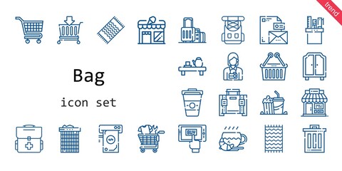 Sticker - bag icon set. line icon style. bag related icons such as basket, shop, suitcase, beach towel, popcorn, briefcase, rucksack, first aid kit, store, pencil case, upermarket, trash, mobile shopping, tea