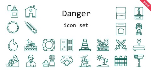 danger icon set. line icon style. danger related icons such as shaving brush, crocodile, storm, marshall, snake, swords, lifesaver, lighter, hurricane, cctv, landslide, cone, asteroid, home, sword