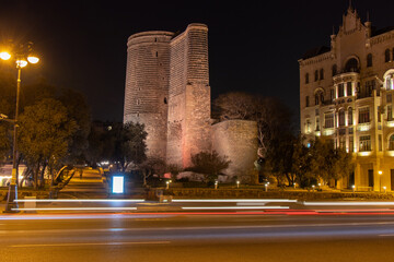 Wall Mural - Baku Maiden Tower. Long exposure shot at night time. Historic buildings of Baku: 12th century