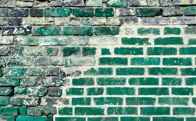 Wall Mural - Green Abstract Old Distressed Brick Wall. Colorful Tile Urban Texture Brick Material. Grungy Blue Brickwork Surface. Concrete Plaster Cement Mortar.