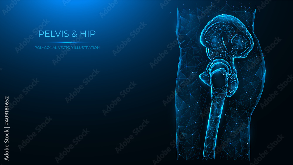 Polygonal vector illustration of the human pelvis and hip joint side view. Human thigh made of dots and lines isolated on dark blue background. - obrazy, fototapety, plakaty 