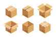 Set of six isometric cardboard boxes isolated on white. Set closed and open cardboard boxes. Vector illustration.