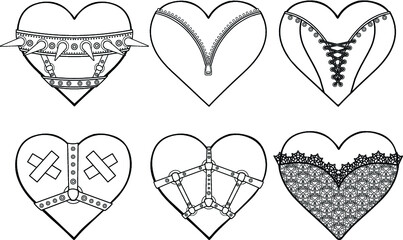 Set of animation hearts in erotic clothes and accessories. Latex, lace, collar, corset. Template for erotic content. Vector illustration isolated on a white background. Print, poster, t-shirt,