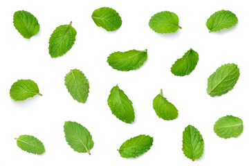 Wall Mural - Top view of Mint leaves pattern isolated on white background.