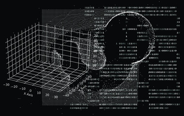 Poster - Abstract technology background with binary code and mesh made of particles. Glitched computer screen with scientific drawings. 