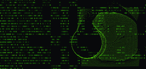 Poster - Abstract technology background with binary code and mesh made of particles. Glitched computer screen with scientific drawings. 