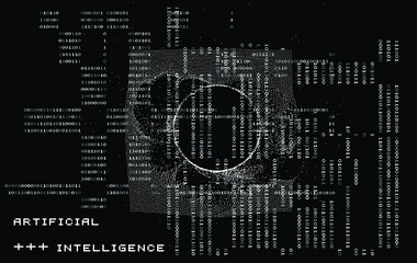 Aufkleber - Abstract technology background with binary code and mesh made of particles. Glitched computer screen with scientific drawings. 