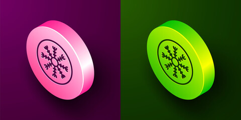 Sticker - Isometric line Snowflake icon isolated on purple and green background. Circle button. Vector.