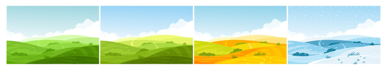 nature field landscape in four seasons. cartoon summer spring autumn winter scenes with green grassl